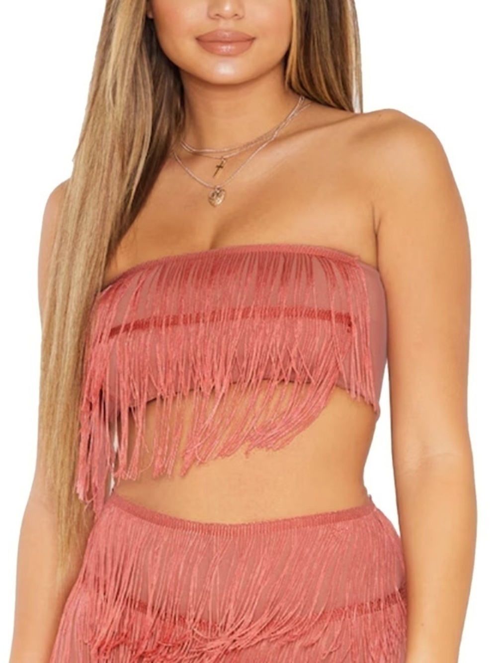 PLT Fringe Tassel Bandeau Crop Top Dusty Pink Sexy Club Wear Made in UK